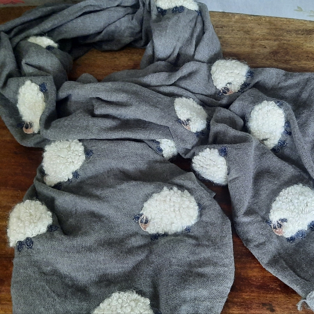 Grey Scarf With Wool Embroidered Sheep Detail